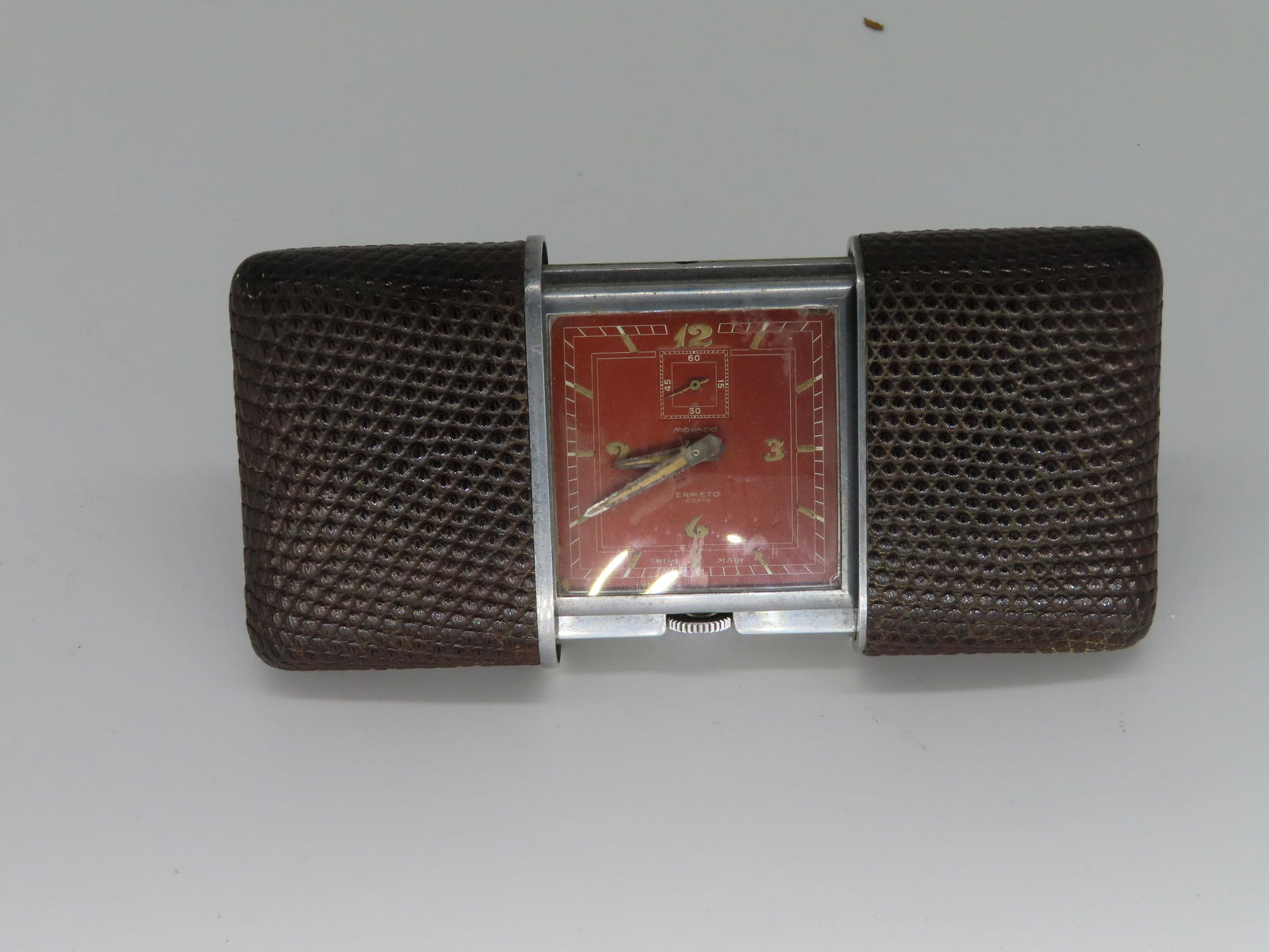 Antique Movado Ermeto Travel clock crocodile: Antique Movado Ermeto Travel clock crocodile 3x4
