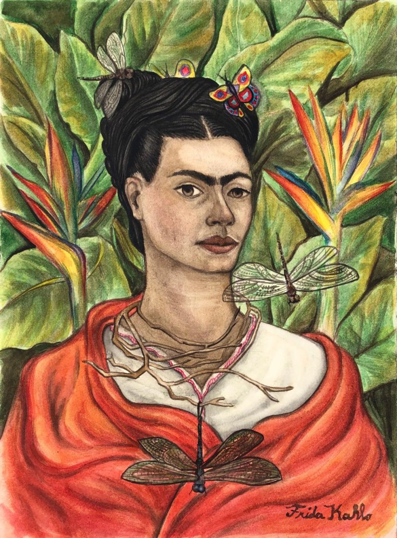 Frida Kahlo (Watercolor on paper) In the Style of: This watercolor on paper painting is 19 x 14 inches. Image a portrait of Frida with nature.