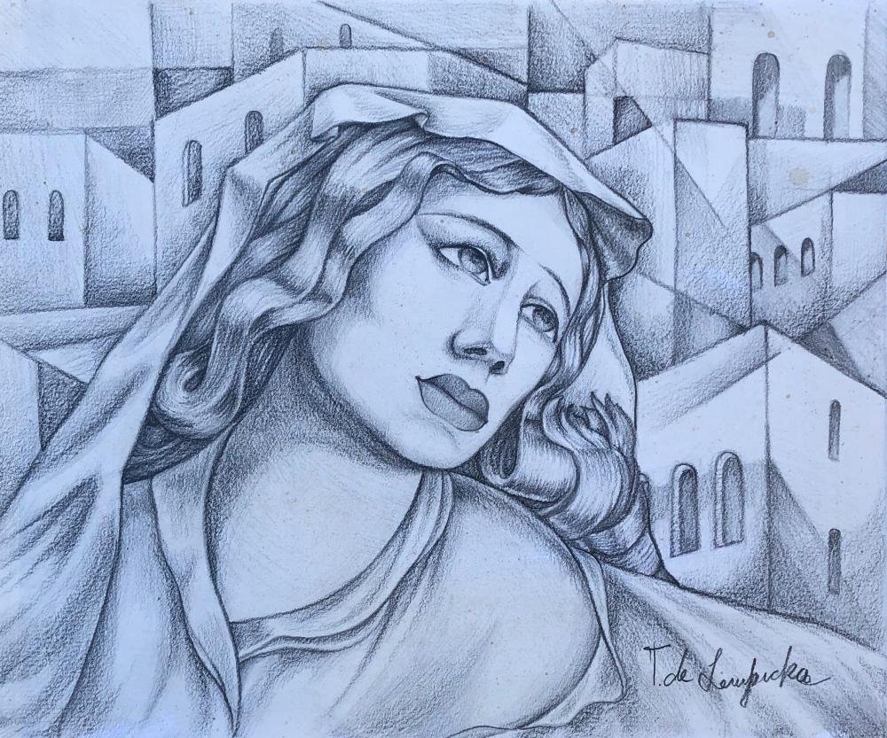 Tamara de Lempicka (Graphite on paper) Style of: This Drawing is a Graphite on paper by Tamara de Lempicka Style of. It is signed lower right margin T de Lempicka. Image Woman facing the city. 12 x 14 ½ inches