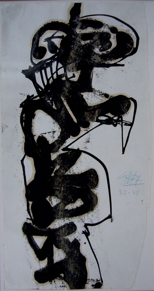SAURA ANTONIO Original ink and oil 1958-59 handsi: Antonio SAURA, original ink and oil on paper, handsigned and dated in blue ballpoint 1958-59. Size: 16,5 x 32 cm.