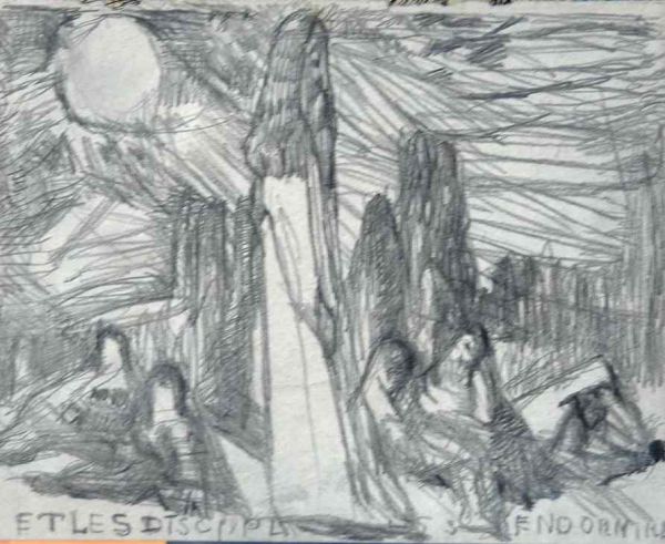 SOUTTER, LOUIS Original drawing "Et les disciples: Original drawing by Louis SOUTTER, referenced in the Catalogue Raisonné Thévoz, number 941, titled "Et les disciples s'endormirent…", size: 17,7 x 22 cm, collection J. Mermoz, Lausanne.
