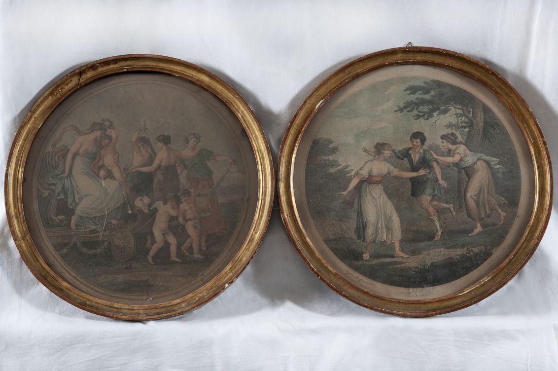 Coppia di stampe, Francesco Bartolozzi (1727 - 1815): Francesco Bartolozzi (1727 - 1815), coppia di stampe, Cm 34 diametro.Tratte da 2 dipinti di Angelika Kauffmann