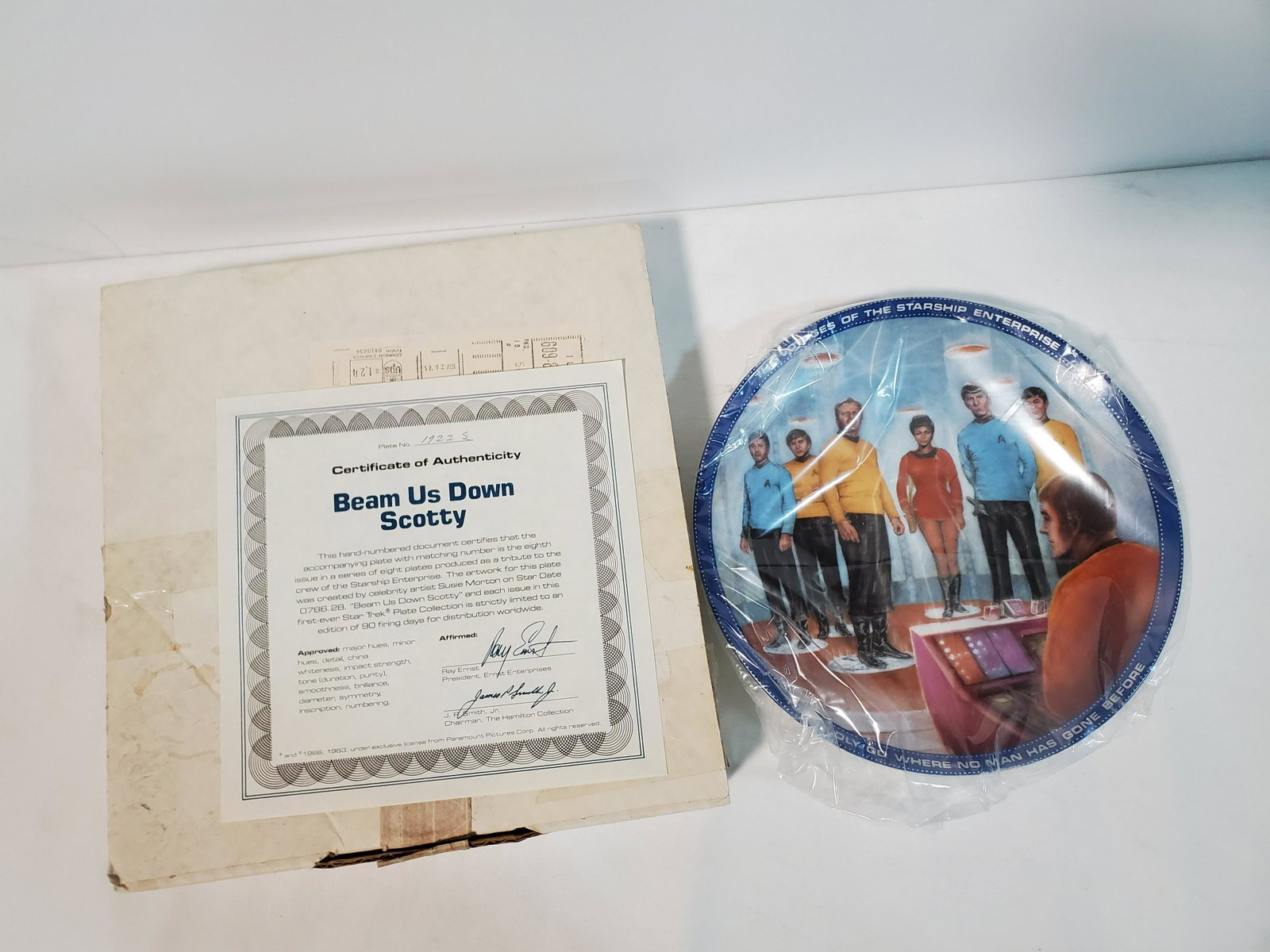 "Beam Us Down Scotty" Star Trek Hamilton Plate: Plate # 1922S of Star Trek Plate entitled "Beam Us Down Scotty". Includes box and Certificate of Authenticity.