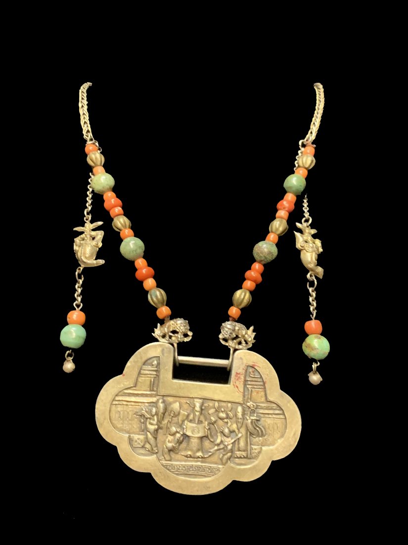 Tibetan Coral & Turquoise Necklace w/ Old Chinese Lock (1 of 6)