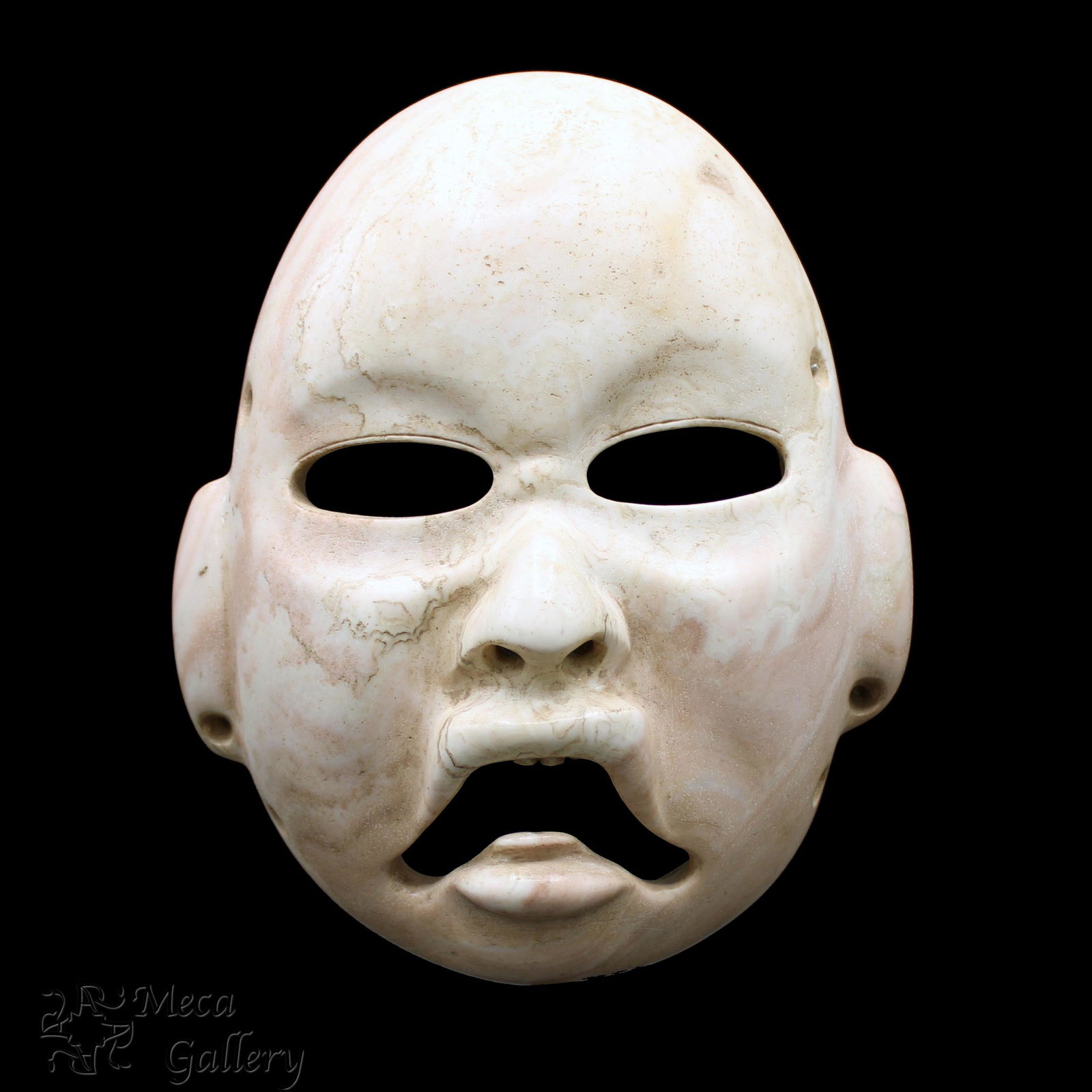 Rare White Olmec Ceremonial Marble Mask (1200-900 BC): Rare Olmec Marble Mask (1200-900 BC) This life size ceremonial Olmec mask has open eyes, allowing the public to see the eyes of the Shaman performing the ritual. Although it has been rendered in