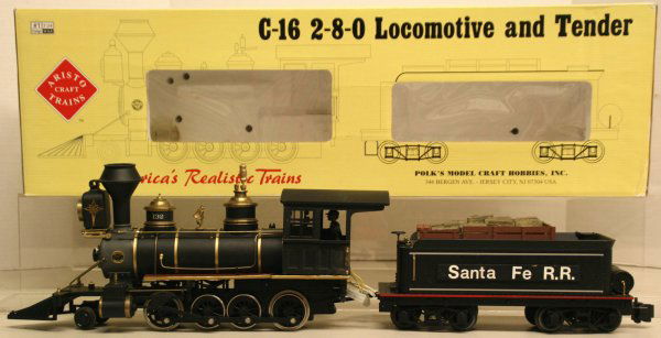 Aristo-Craft G-Gauge ART-80105 C-16 2-8-0 Locomoti: Aristo-Craft G-Gauge ART80105 C-16 2-8-0 Locomotive and Tender Decorated for Santa Fe Railroad Knuckle Couplers Grading:C7-Exc Box:Y Consignee:CAR