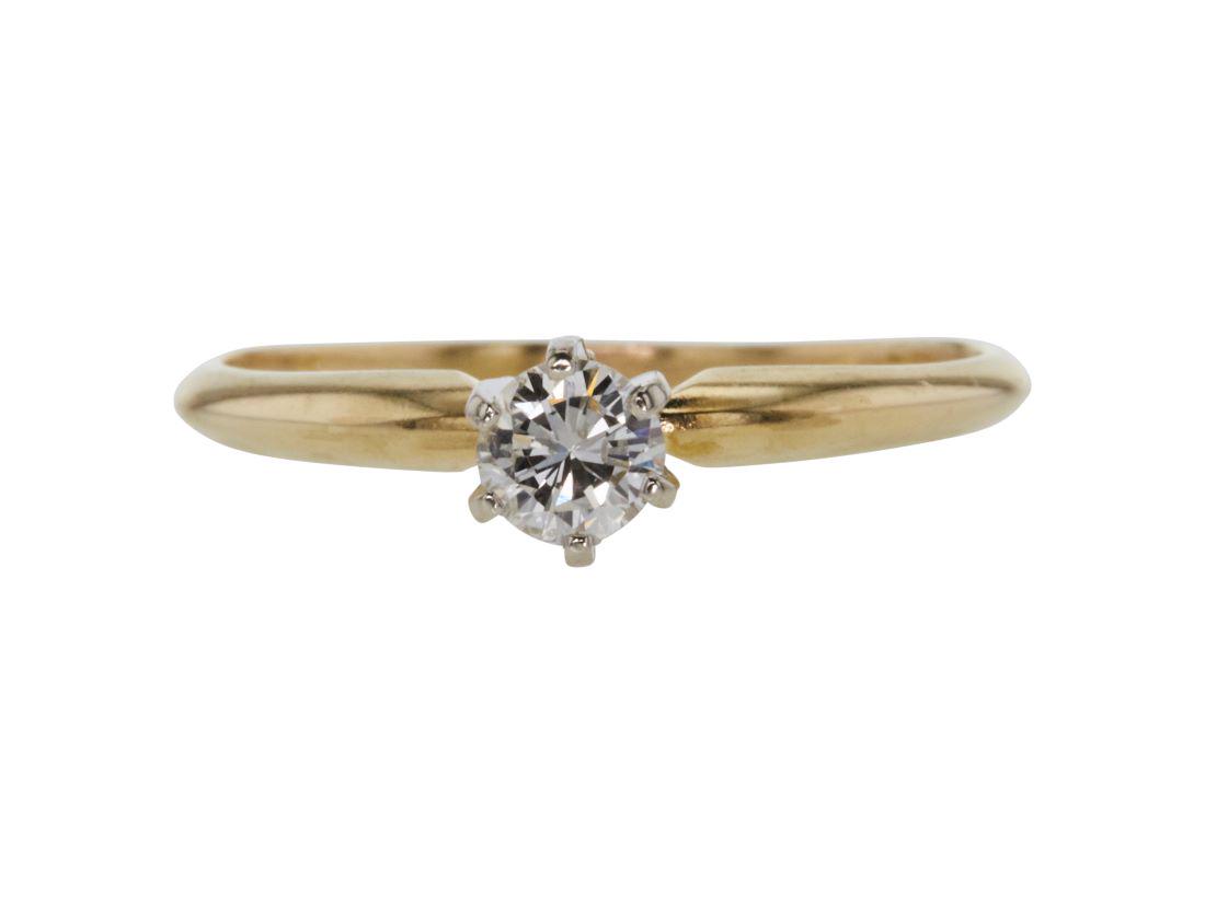 Round Cut Solitaire Ring: 14K Yellow Gold, 1.87 Grams, Engagement Ring Center Stone Color: I-J Cut: Round Clarity: SI2 Carat Weight: 0.24-0.27 # Stones: 1 Item Size: 7.50-8.50