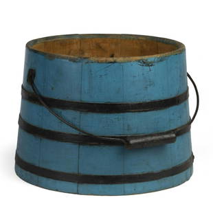 Shaker Staved Bucket in Blue Paint, Nineteenth Century.: Height 9 1/2 inches, diameter 13 1/4 inches.