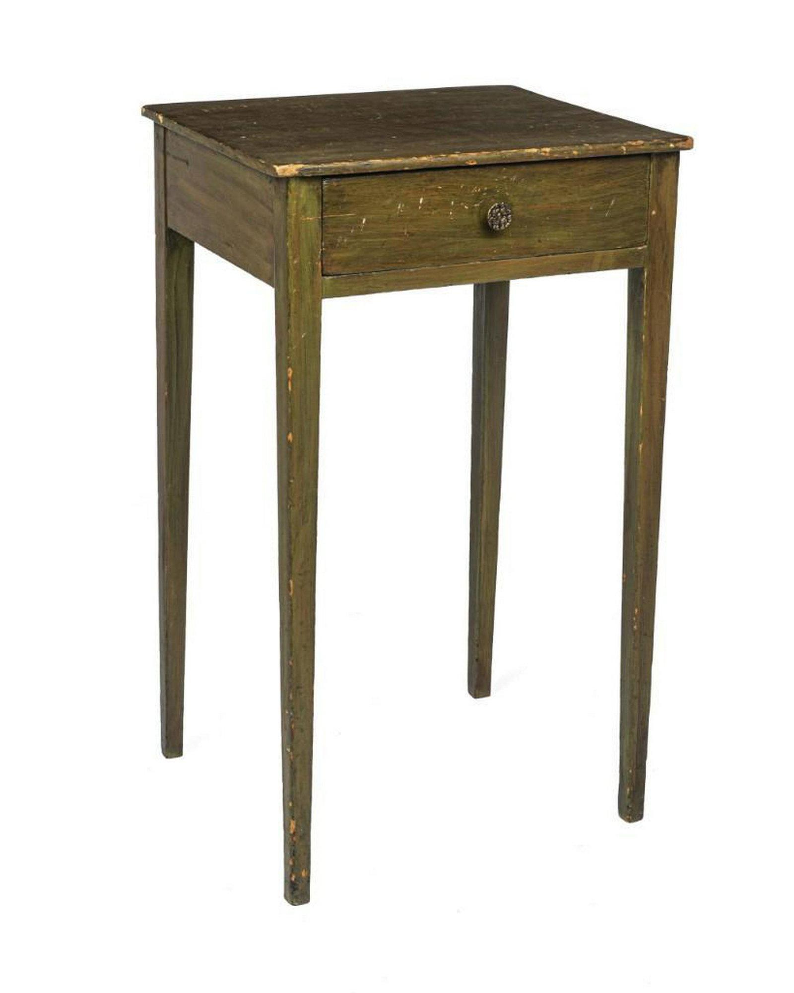 New England Hepplewhite One Drawer Stand: In old green paint. Height 28 inches, top 18 1/4 x 18 inches