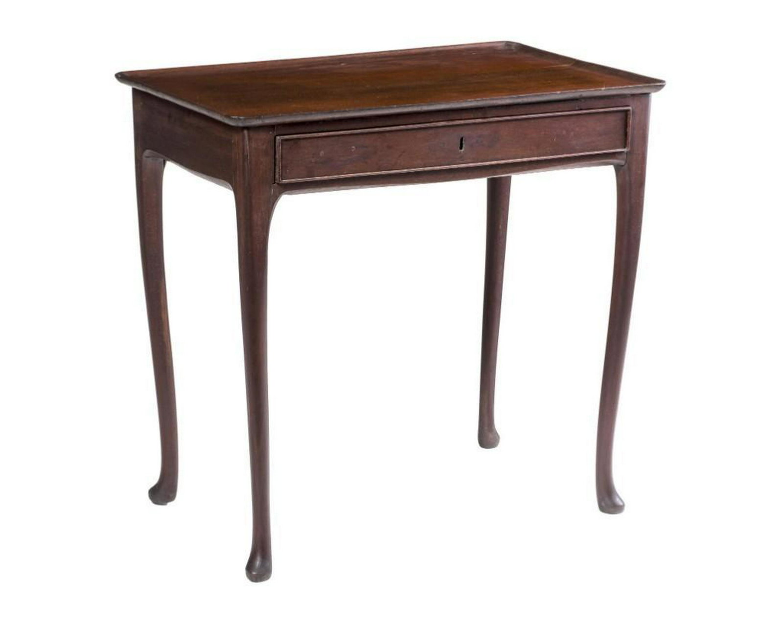 English Mahogany Tray-top Tea Table.: The rectangular dish top above a frieze drawer, raised on straight cabriole legs ending in pointed pad feet. Height 28 1/8 inches, width 29 3/4 inches, depth 18 3/8 inches. Provenance: Northeast Aucti