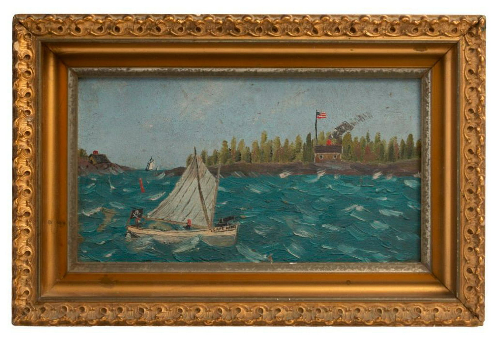 Folk Art Painting of Single Masted Pirate Ship "Capt.: Oil on board, 5 1/2 x 9 inches. Depicting two figures in a single masted ship with pirate flag sailing past a home flying an American Flag.
