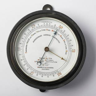 Negretti & Zambra Fisherman's Aneroid Barometer: Early 20th Century Aneroid Barometer by Negretti & Zambra of London. Reads "As issued by the Royal National Life Boat Institution, No 26194." These were given to various ships by the goverment to help