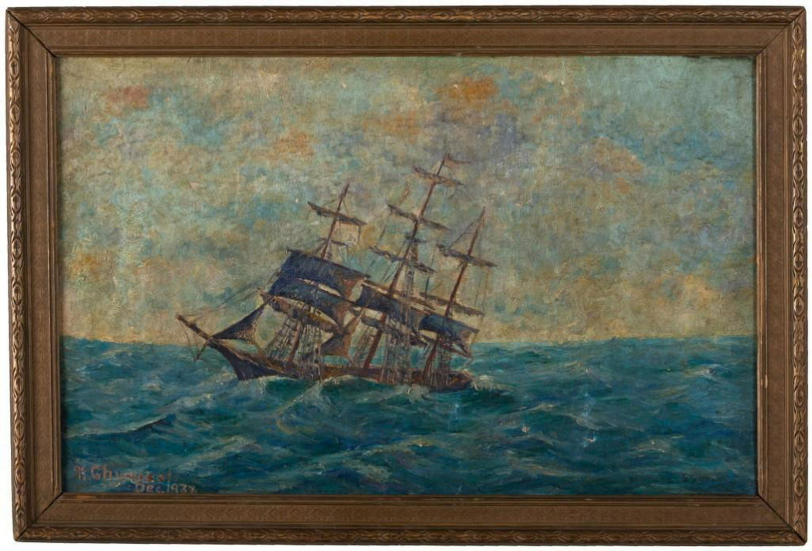 Painting of a Ship Under Sail.: Oil on canvas, 14 x 22 inches. Signed indistinctly and dated 1932, l.l.