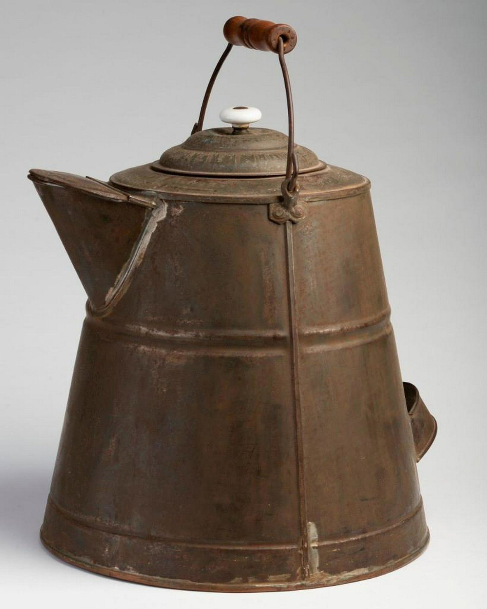 Tin Coffee Pot of Large Size: Height 14 inches, diameter of base 12 1/4 inches. With copper base.