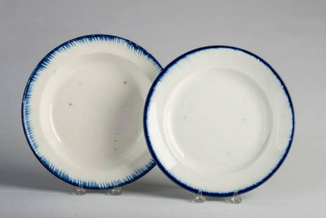 Two Ironstone Plates With Blue Rims.: The first, diameter 9 7/8 inches, marked John Meir & Son, England. The other, diameter 9 5/8 inches, unmarked.