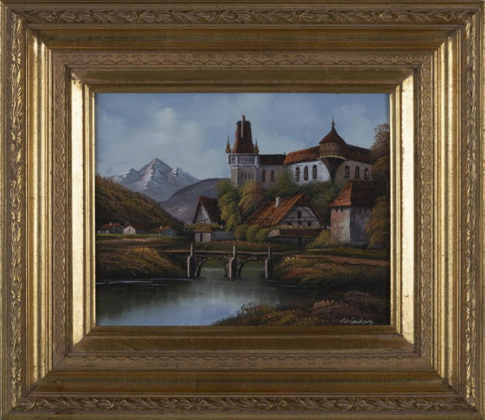 Painting of a Mountain Castle.: Oil on masonite, 8 x 10 inches. Signed 'Weir' l.r.