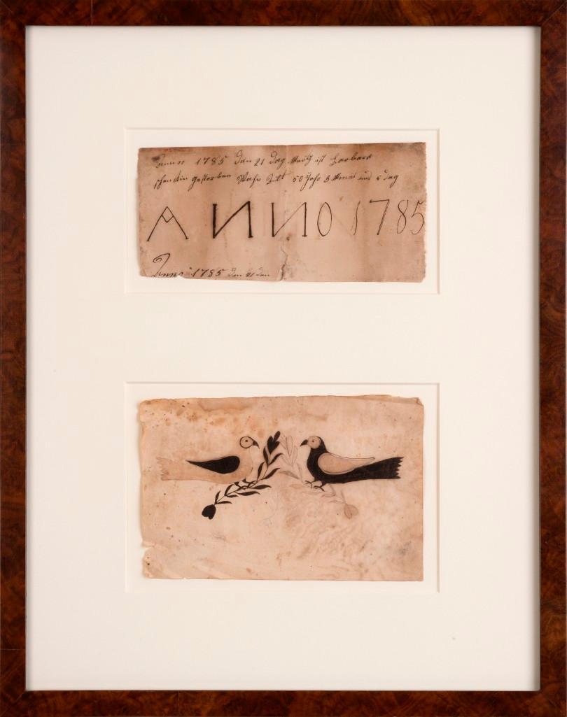 Two Fraktur Fragments, Dated 1785.: One section depicting two doves in black ink and graphite, 5 x 7 3/4 inches. The other dated Anno 1785, 3 5/8 x 8 inches. Provenance: Shenk Farm Auction, Lancaster County PA, January 1993.