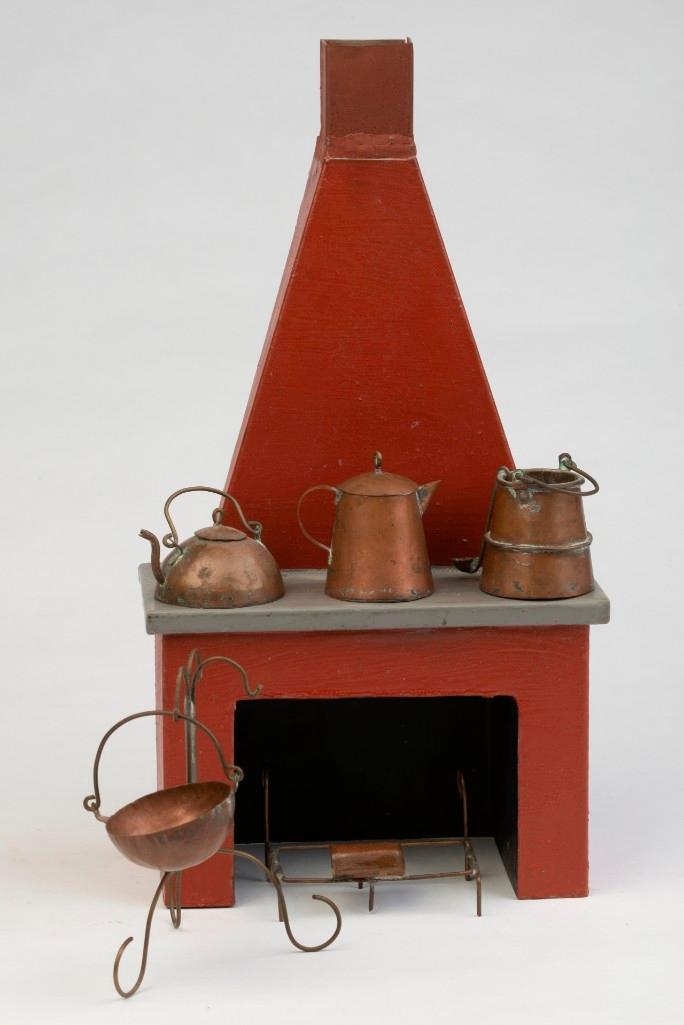 Painted Metal Dollhouse Fireplace With Copper Cookware. (1 of 1)