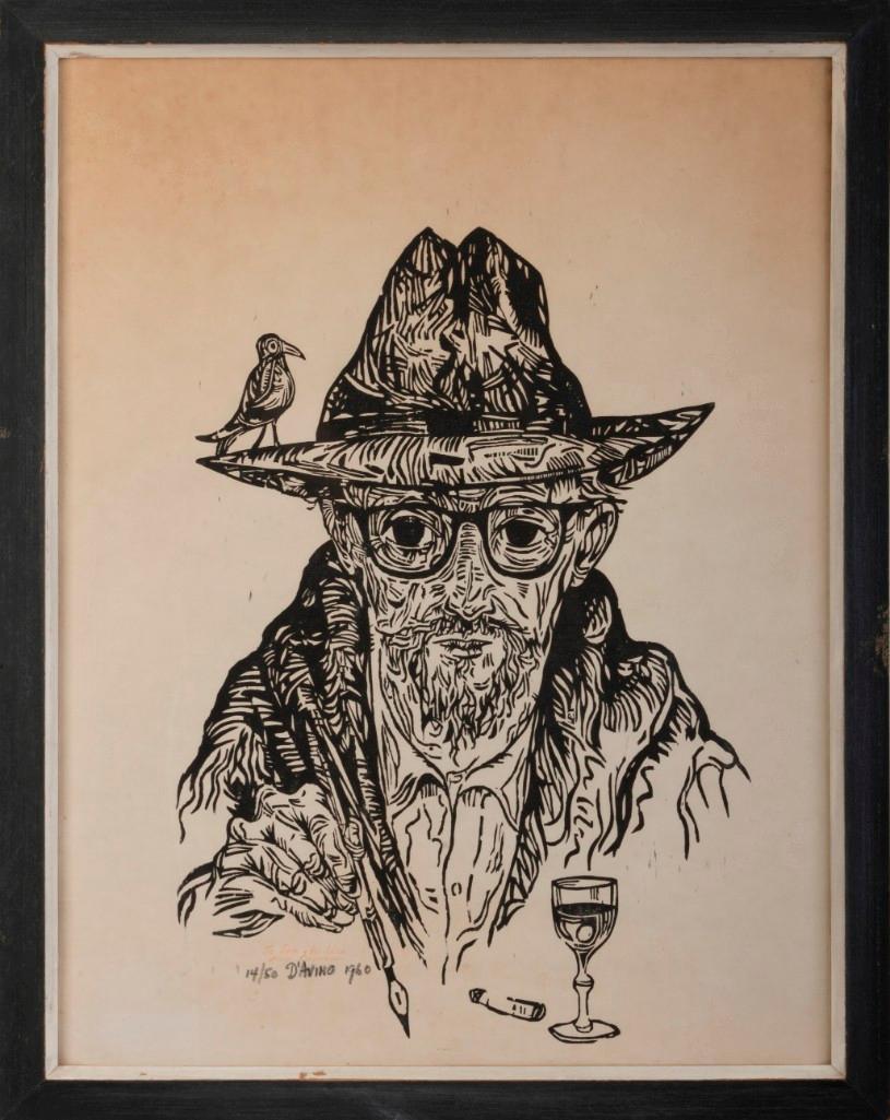 Carmen D'Avino.(American, 1918-2004). Self Portrait.: Woodblock print on paper, 26 x 20 inches, sight. Numbered 14/50 and pencil signed "D'AVINO 1960"