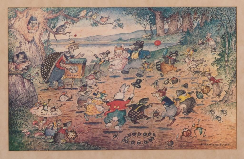 Three Prints of Harrison Cady Illustrations.: Together with two Maurice Day prints, a watercolor drawing of a fox and a turtle, and a little red riding cat illustration.