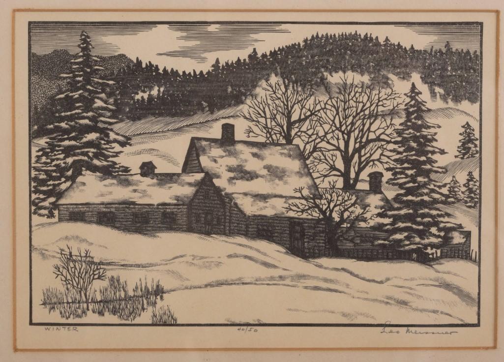 Leo Meissner (1895 - 1977). Two Woodblock Prints.: Including Winter, 5 1/2 x 7 3/4 inches sight, numbered 40/50 and pencil signed, and Wic-Wac Monhegan, 11 1/4 x 14 1/4 inches, numbered 10/50 and pencil signed.
