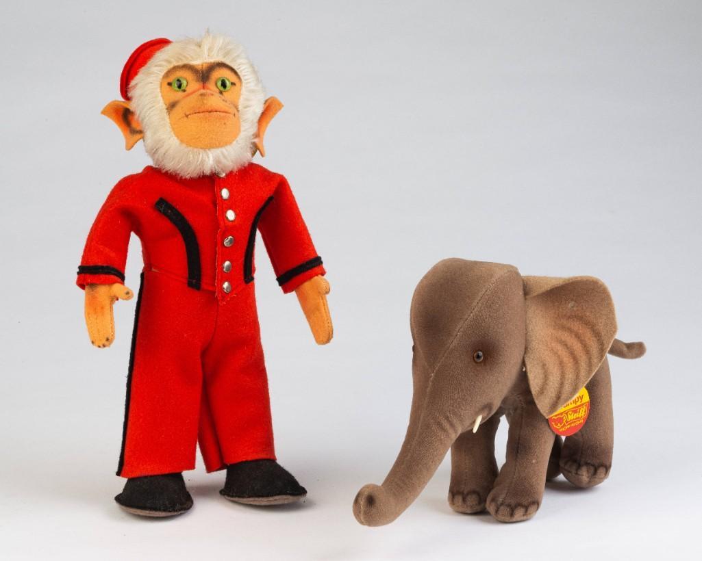 Steiff Bellhop Monkey and Trampy Elephant.: The monkey with cloth ear tag reading "Steiff original 328 / Made in Germany." The elephant with cardboard tag, height 6 inches.