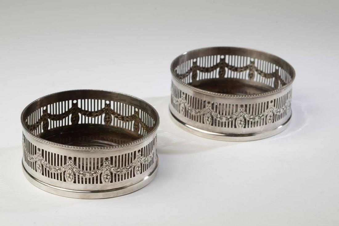 Pair of Sheffield Silverplate Wine Coasters.: Diameter 5 inches. Alpha plate, Viners of Sheffield, England. Items may be previewed at our Freeport, Maine gallery prior to the close of the auction. Call 207-370-4746 or e-mail andrew@cascobayauctio