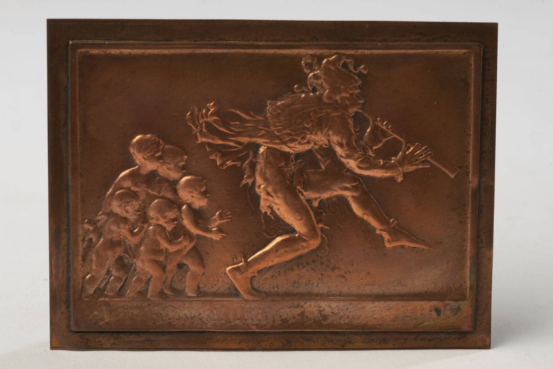 Karl Perl. Pied Piper Embossed Copper Plaque.: 2 3/4 x 3 1/4 inches. Items may be previewed at our Freeport, Maine gallery prior to the close of the auction. Call 207-370-4746 or e-mail andrew@cascobayauctions.com to schedule an appointment Flat r