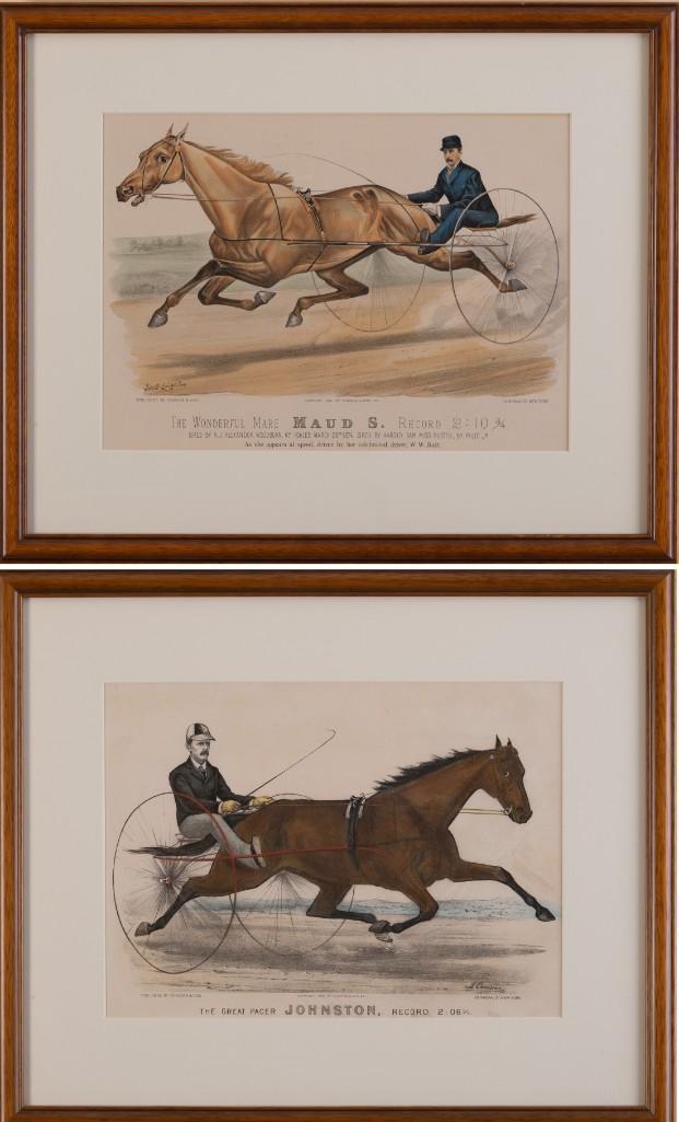 Two Currier & Ives Horse Racing Prints.: Each a hand colored lithograph. The Great Pacer Johnston, 16 x 19 1/2 inches, sight, copyright 1883, painted by J. Cameron. The Wonderful Mare Maud S., 15 x 18 1/2 inches, sight, copyright 1881, paint