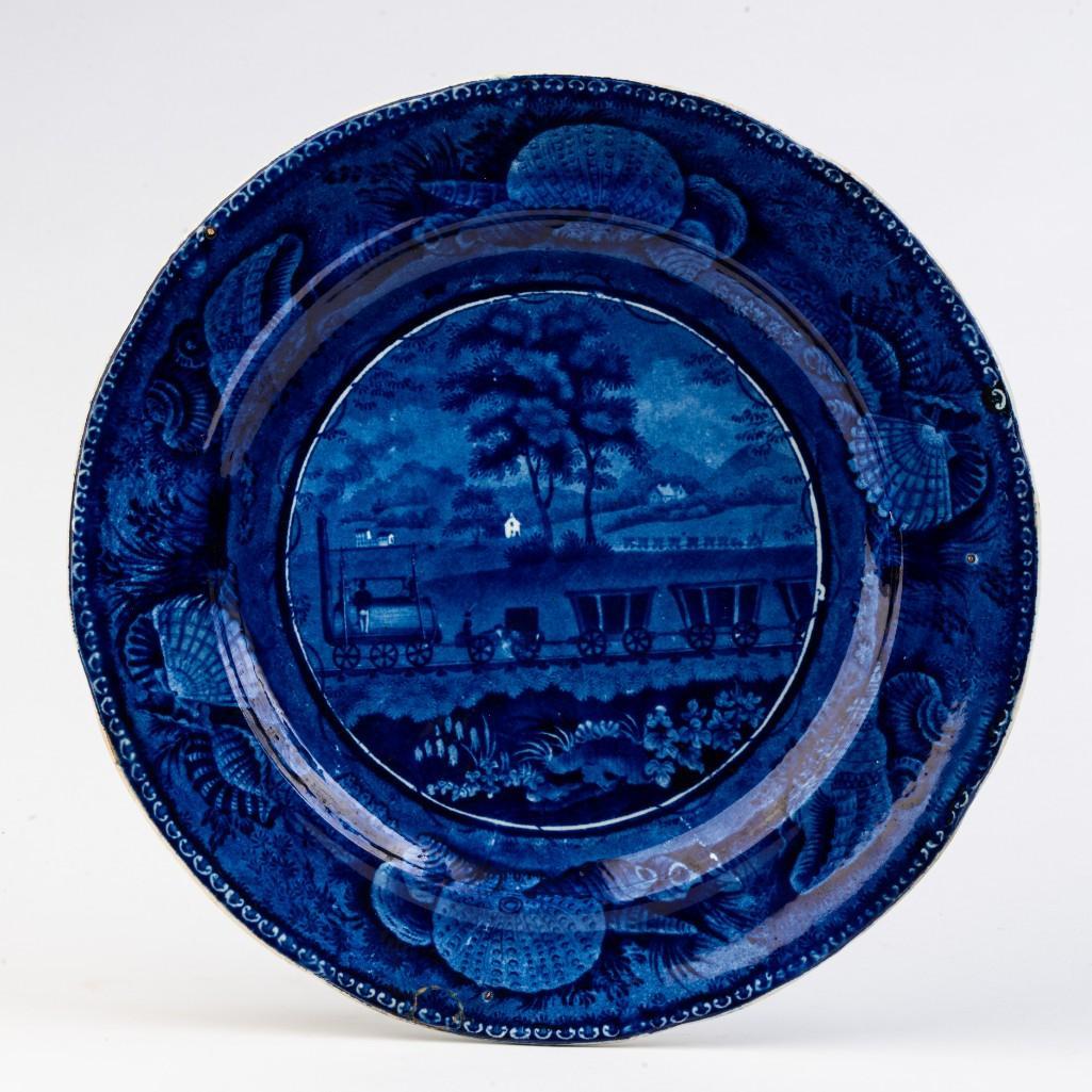 Historical Blue Staffordshire B&O Railroad-Level Plate.: With shell border, diameter 10 1/4 inches. Impressed Wood mark.