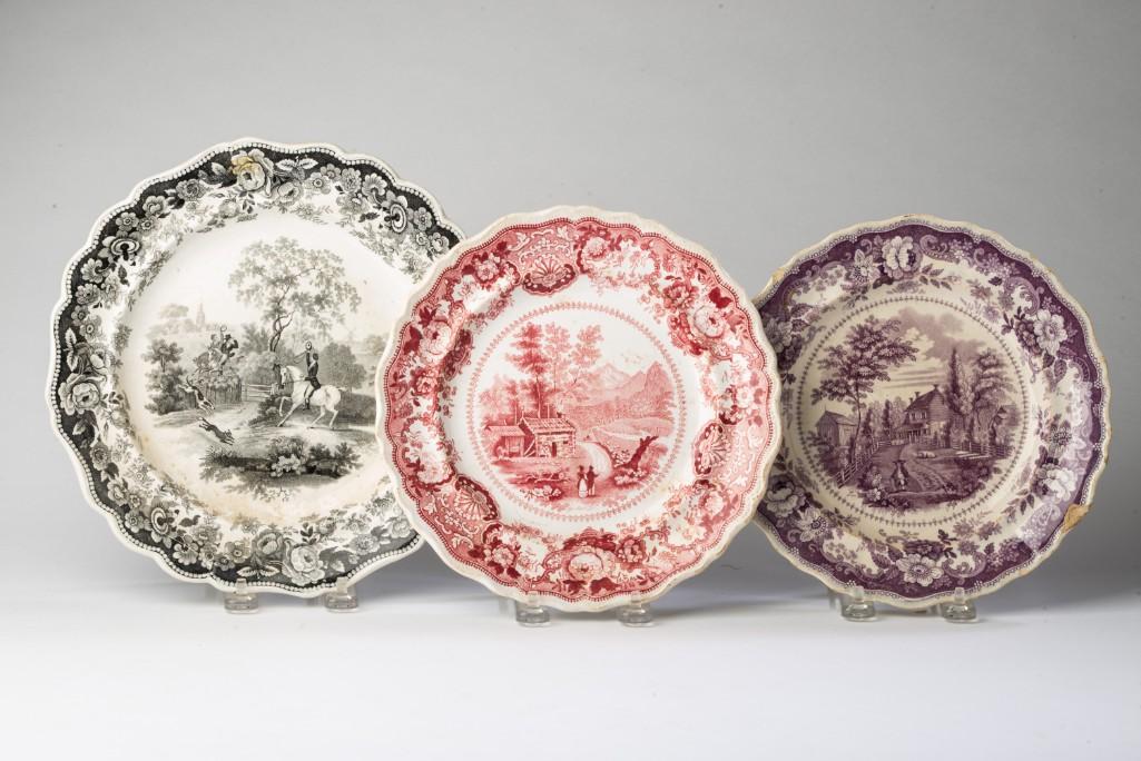 Three Transfer Printed Plates.: Including a black and white fox hunt scene, unmarked, diameter 10 1/4 inches, View Near Conway N. Hampshire, diameter 9 inches, and The Residence of the Late Richard Jordan New Jersey, diameter 9 inch