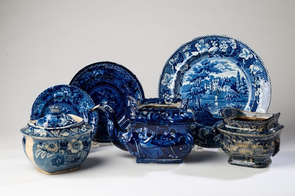 Group of Blue and White Transferware.: Three plates, the largest Guys Cliff Warwickshire by Wood & Sons, diameter 10 1/2 inches. Two small tureens, and a teapot, missing handle.