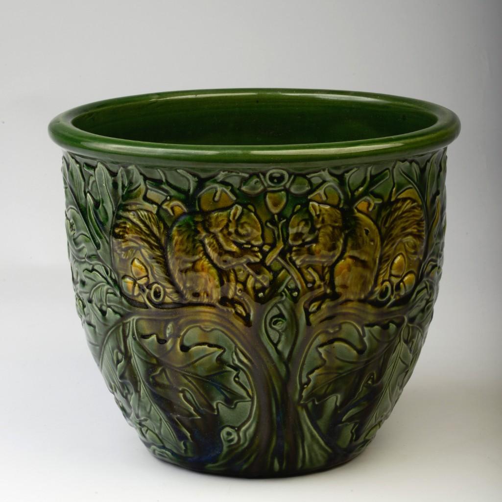 Weller Pottery Squirrel and Leaf Jardiniere.: Height 9 1/2 inches, diameter 10 1/2 inches.