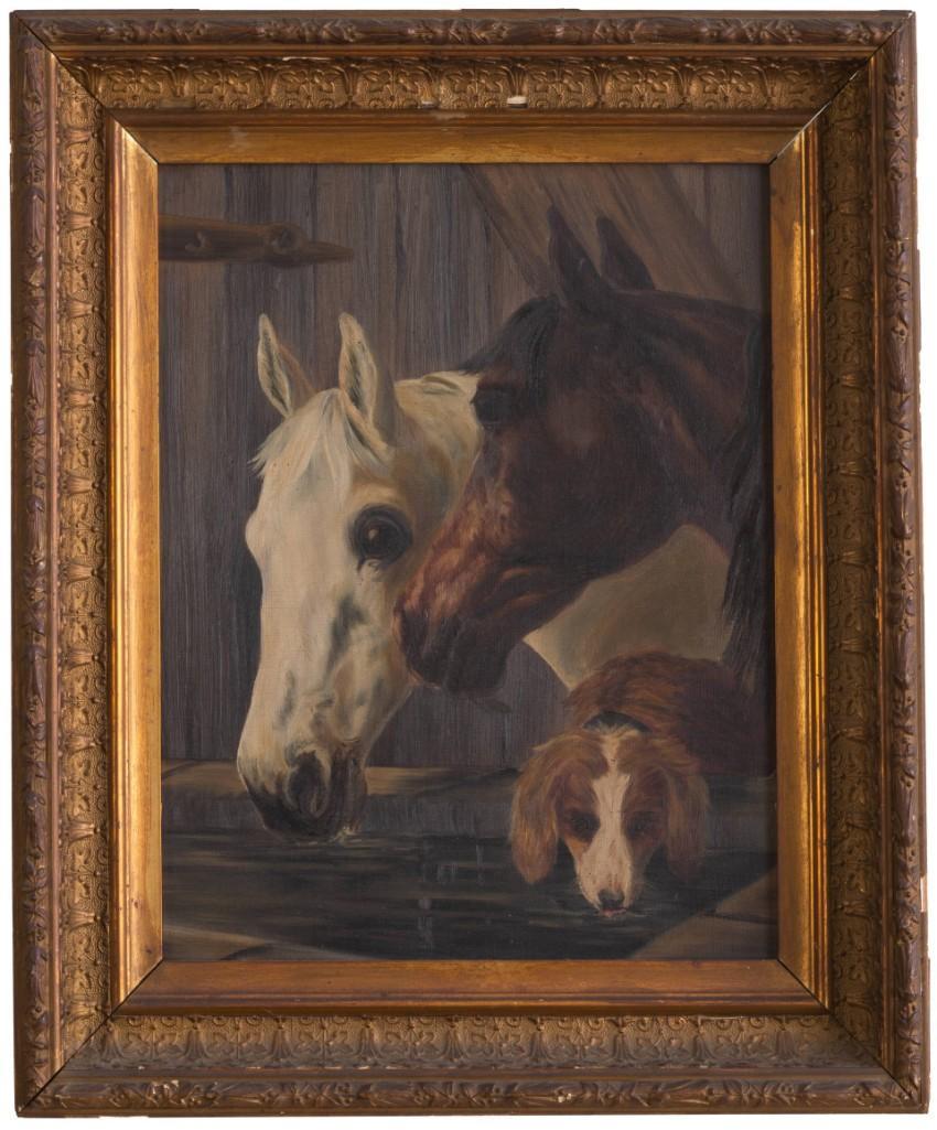 At The Watering Trough. European School, Late 19th C.: Depicting two horses and a dog drinking from a trough of water. Oil on canvas, 15 x 12 inches.