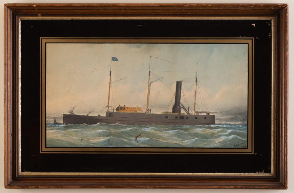 Robert Swain Gifford. Portrait of a Steam and Sail: Watercolor on paper in an eglomise mat, sight size 12 1/4 x 23 3/4 inches. Signed R.S. Gifford and dated 1861, l.r. Foxing throughout sky area.