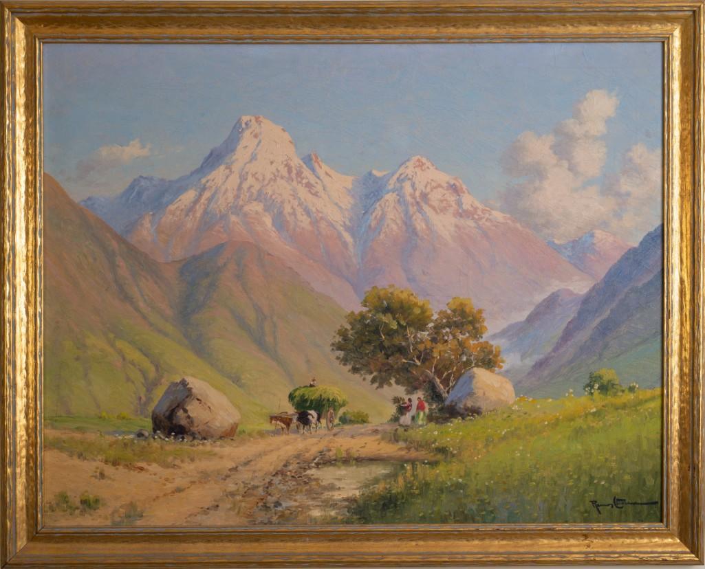 Ramos Catalan. Haying in the Andes.: Oil on canvas, 29 x 37 inches. Signed l.r. and pencil inscribed on the back: "RuolictandoÂ forraje en Palle Cordillerano"