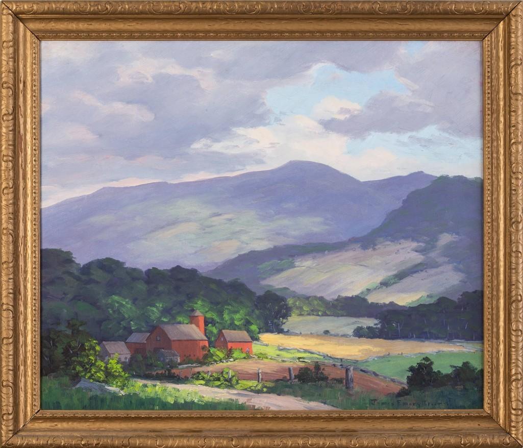 James Emery Greer. Farm in the Foothills.: Oil on board, 20 x 24 inches. Signed l.r. and on verso.