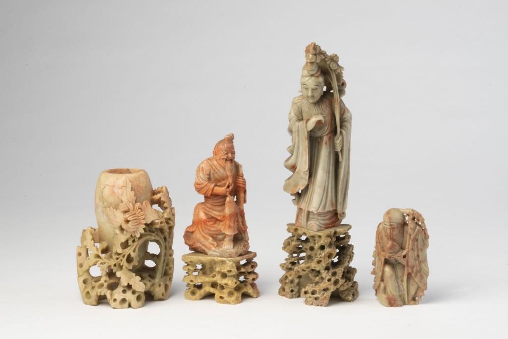 Three Chinese Carved Stone Figures.: Heights 10 1/2, 6 and 4 inches. Together with a carved stone vase, height 5 inches.