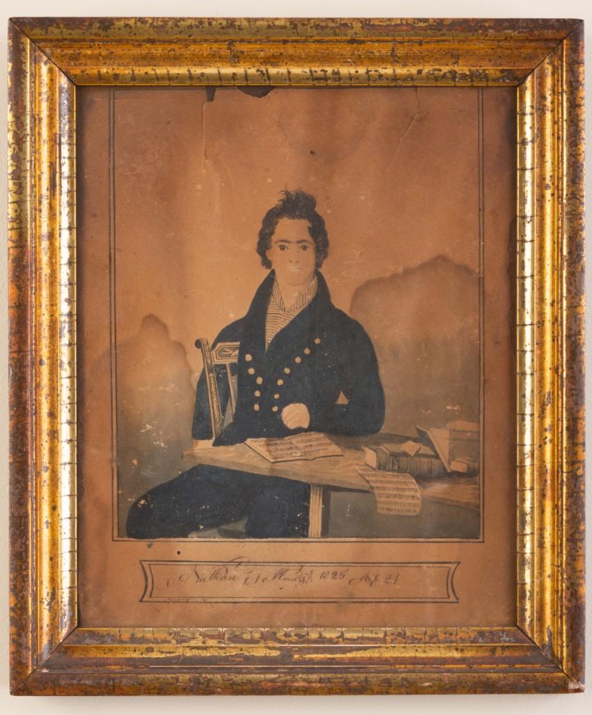 Watercolor Portrait of Nathan Fellows, 1825.: 8 3/4 x 6 3/4 inches, sight. With note on the reverse: "My mother picked this up in Vermont many years ago, because of the name "Fellows." But I doubt if Nathan was an ancestor, as he didn't spell his