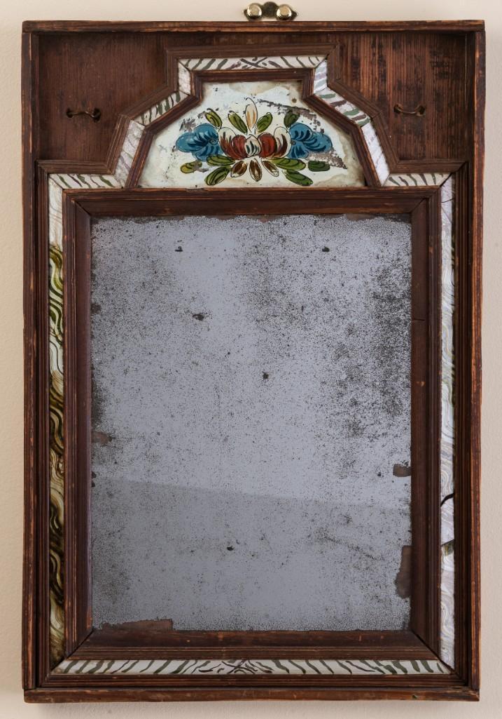 Wood and Eglomise Courting Mirror.: In original box, 16 1/2 x 11 1/4 inches.