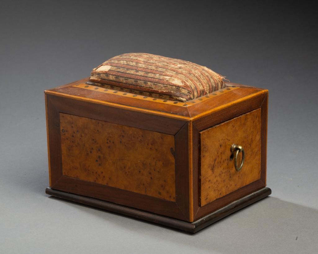 Small Bird's Eye Maple Sewing Box.: With an unusual folding clamp to hold it to a work surface. Length 6 inches, width 4 1/2 inches, height 4 inches.