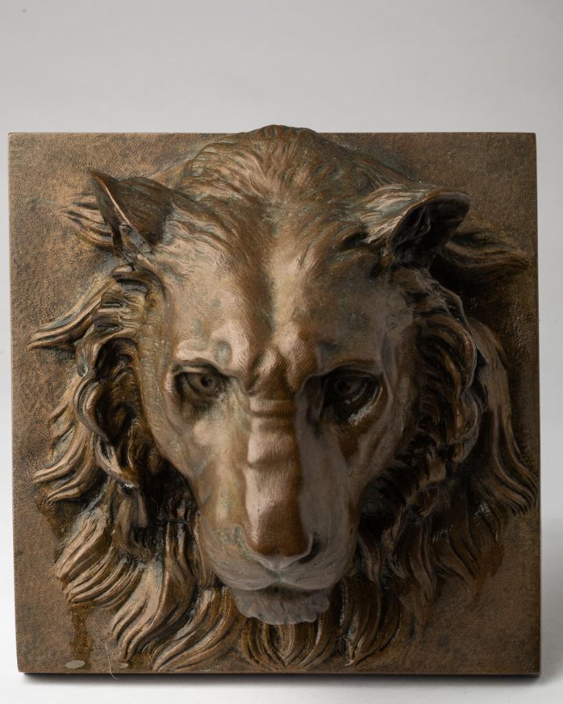 Cast Bronze Lion's Head Plaque.: Finely modeled, artist unknown. Back plate 7 1/2 x 7 1/8 inches, depth 4 inches.