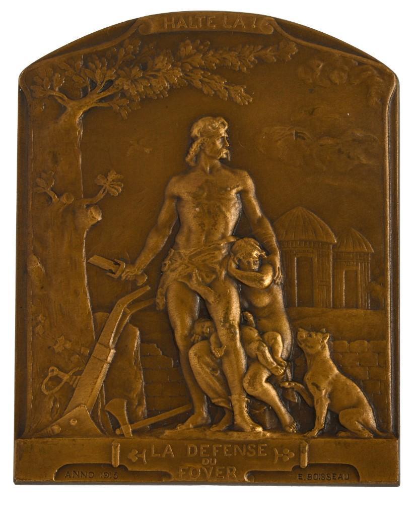 Emile-Andre Boisseau French Bronze Plaque.: Dated 1915, inscribed "La Defense du Foyer," Marshal Joffre's rallying call to 'die where they stood rather than give way'. Cast bronze, 2 7/8 x 2 1/4 inches.