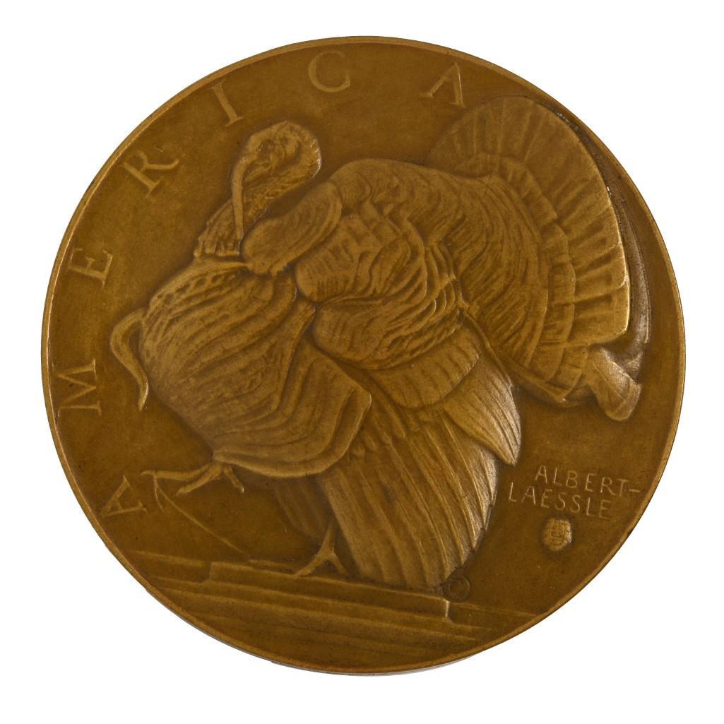 Albert Laessle "Abundance" Bronze Metal.: Cast with America and a turkey on one side, Abundance and an ear of corn on the other. Diameter 2 7/8 inches.