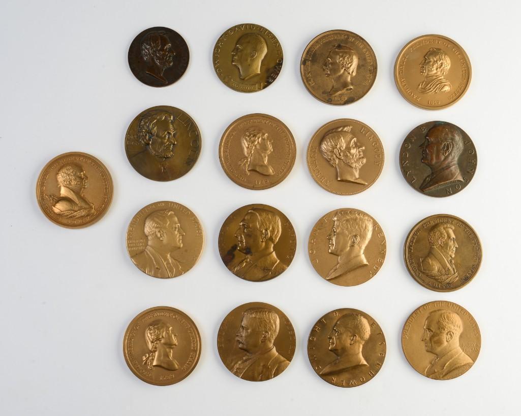 Collection of US Mint Three Inch Bronze Presidential: Two George Washington, Abraham Lincoln, Andrew Jackson, Zachary Taylor, Franklin Pierce, Warren Harding, Two Dwight D. Eisenhower (1953 and 1957), Franklin Delano Roosevelt, Theodore Roosevelt Second 