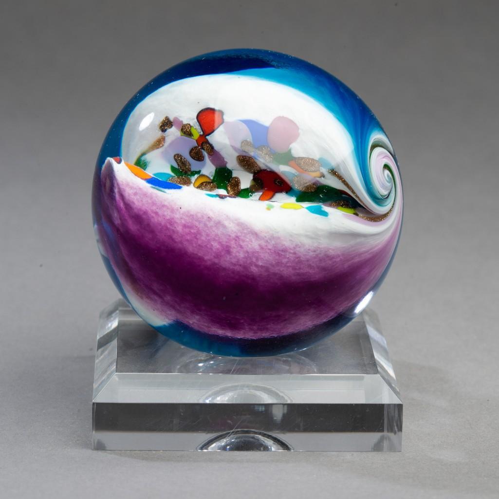 Large Hamon Marble.: Contemporary marble by Robert Hamon. Solid core with dots of lutz, diameter 3 inches. Signed R. Hamon and dated 1996.