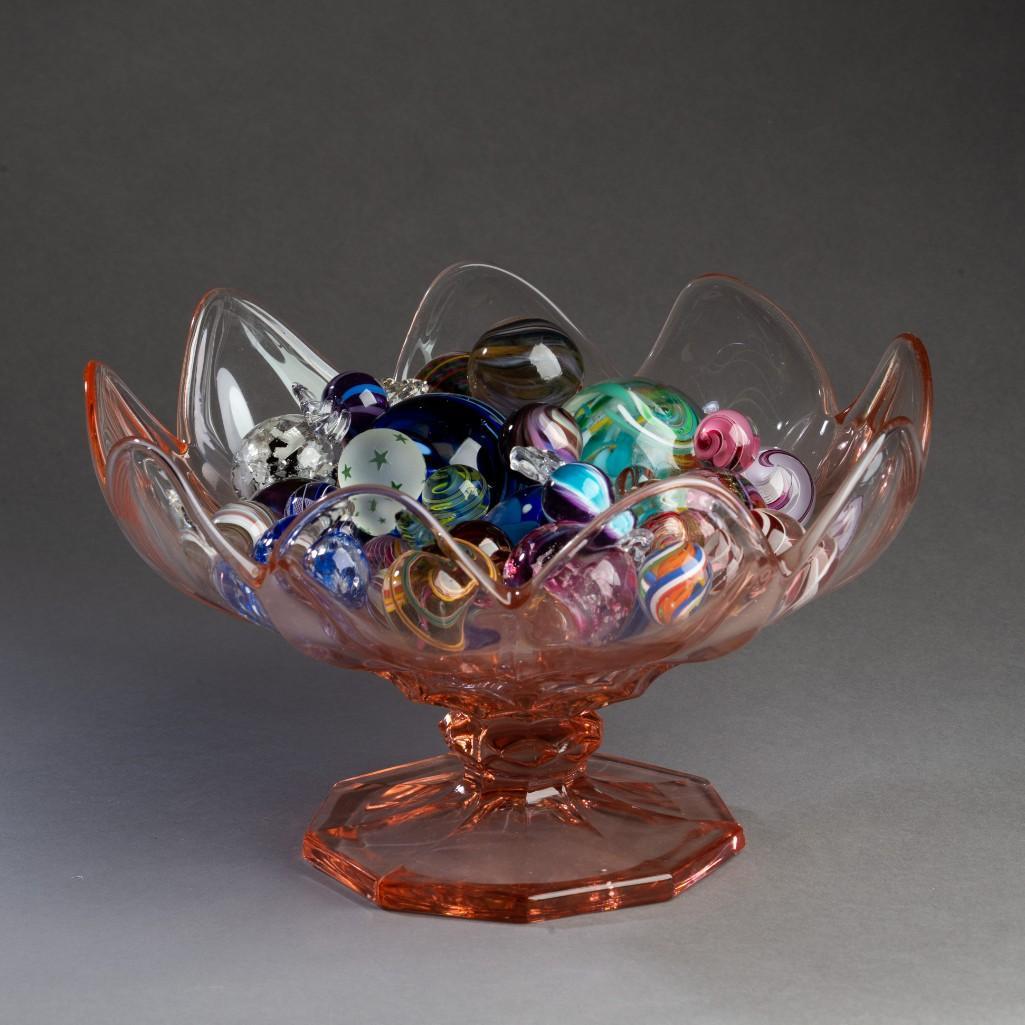 Glass Compote Filled With Contemporary Marbles.: Over 25 marbles, sizes from under an inch to over two inches. Height of compote 6 1/2 inches, diameter 12 inches.
