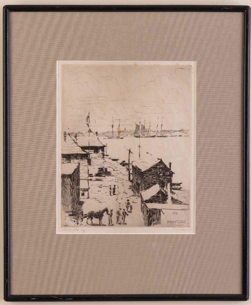Philip Little (1857-1942). Wharf Scene.: Drypoint etching on paper, 10 1/2 x 8 1/4 inches, sight. Pencil signed twice, l.l. and l.r.
