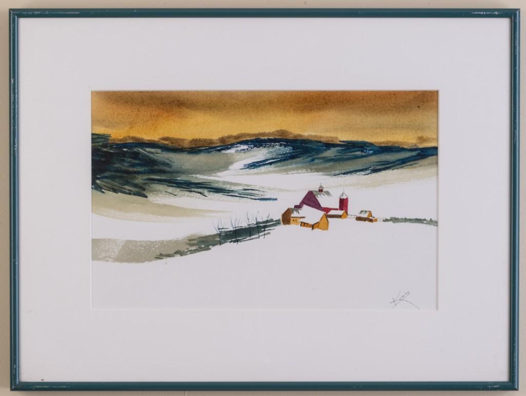 Marion Kumins. Winter Farm.: Watercolor on paper, 8 1/2 x 13 1/2 inches, sight. Dated 1984.