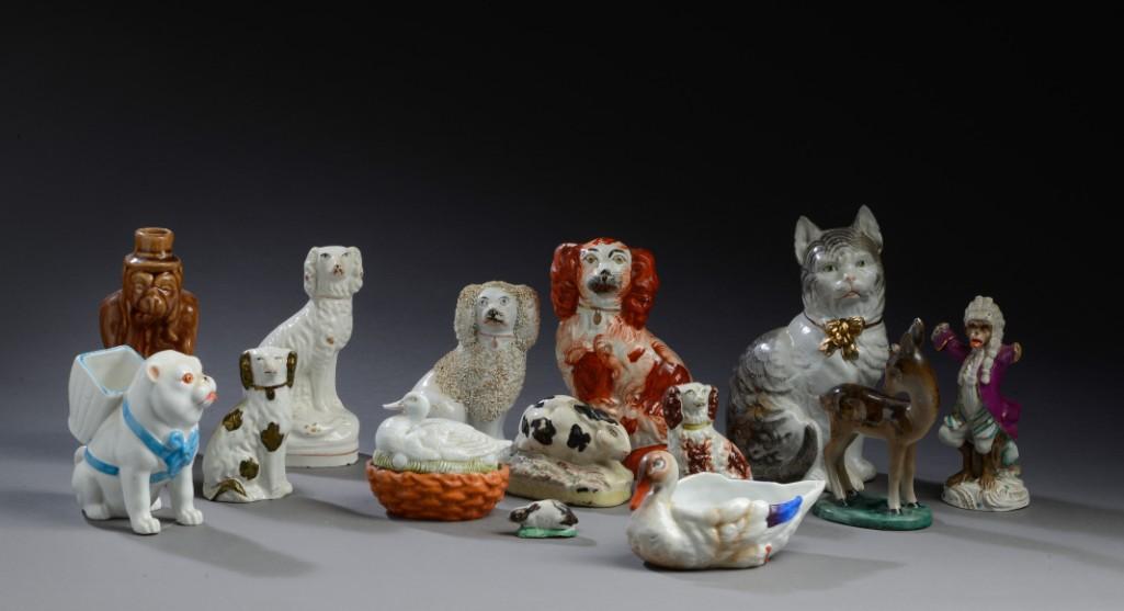 Large Group of Ceramic Animals.: Height of Bennington glazed monkey flask, 5 3/4 inches. Various condition issues, please see photos for more details. 14 pieces total.